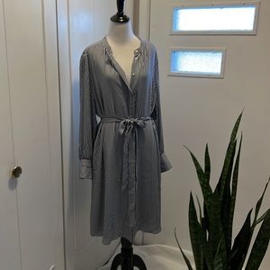 Striped Belted Shirt Dress in Navy and White